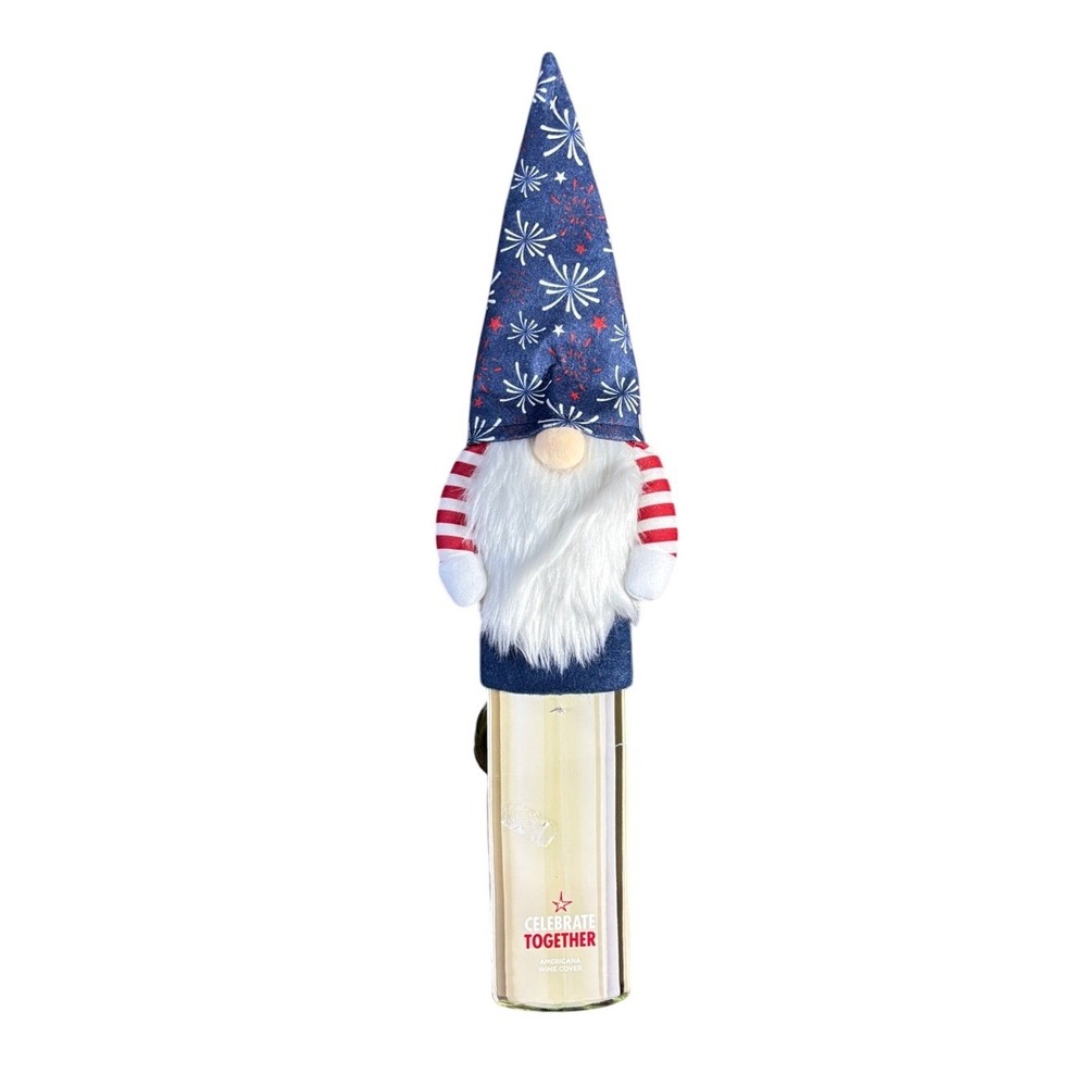 Celebrate Together Patriotic Blue Gnome Wine Cover 15" Tabletop Decor GIFT NEW